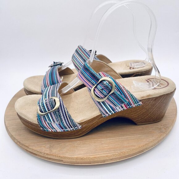 Dansko Sophie Sandals Womsns 9 40 Blue Leather Double Strap Slides Peep - Picture 6 of 12
